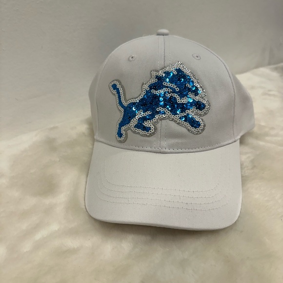 Detroit Lions hat! White baseball cap with glitter sequin lions logo!! - Picture 3 of 7